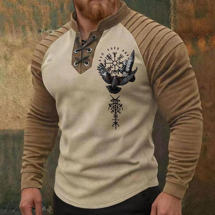 WorldNorse Nordic Raven Vegvisir Valknut Dreifaches Horn von Odin Lace-up Henley Shirt - image 1