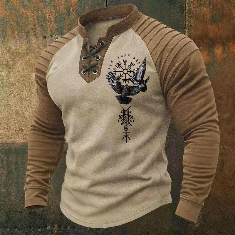 WorldNorse Nordic Raven Vegvisir Valknut Dreifaches Horn von Odin Lace-up Henley Shirt - Beige - US/UK/AU50, EU60 (5XL) - image 0