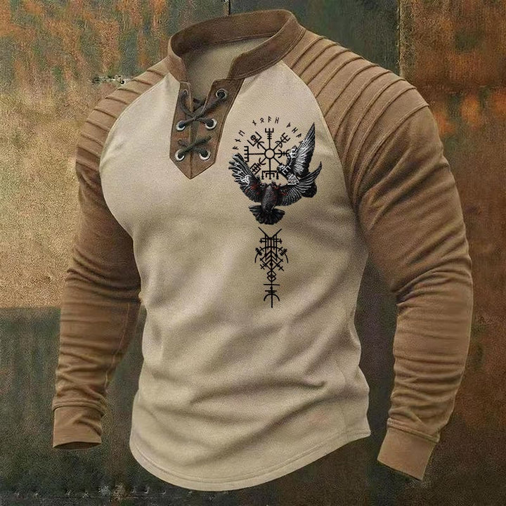 WorldNorse Nordic Raven Vegvisir Valknut Dreifaches Horn von Odin Lace-up Henley Shirt - Beige - US/UK/AU50, EU60 (5XL) - image 0