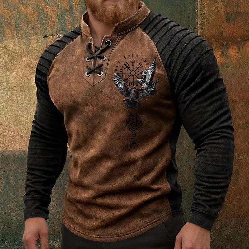WorldNorse Nordic Raven Vegvisir Valknut Dreifaches Horn von Odin Lace-up Henley Shirt - image 3