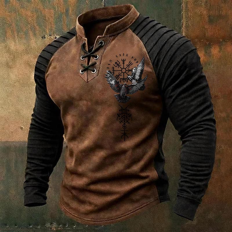 WorldNorse Nordic Raven Vegvisir Valknut Dreifaches Horn von Odin Lace-up Henley Shirt - Braun - US/UK/AU50, EU60 (5XL) - image 2