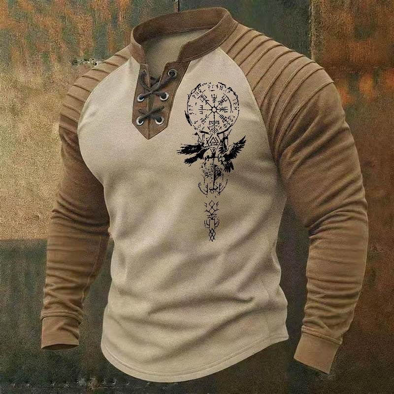 WorldNorse Nordic Raven Shadow Vegvisir Valknut Rune Lace-up Henley Shirt - Beige - US/UK/AU50, EU60 (5XL) - image 0