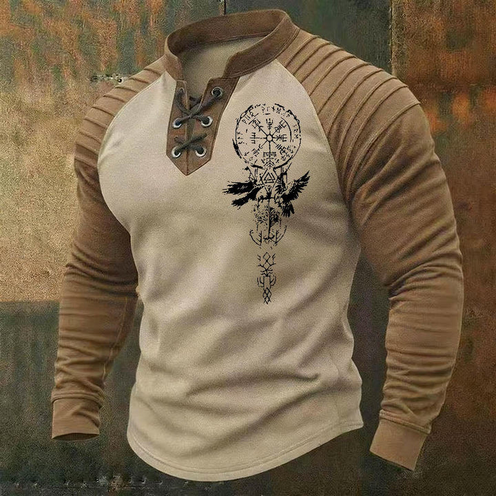 WorldNorse Nordic Raven Shadow Vegvisir Valknut Rune Lace-up Henley Shirt - Beige - US/UK/AU50, EU60 (5XL) - image 0