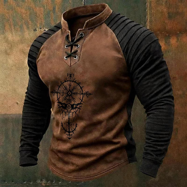 WorldNorse Viking Raven Skull Vegvisir Bramble Lace-up Henley Shirt - Braun - US/UK/AU50, EU60 (5XL) - image 0