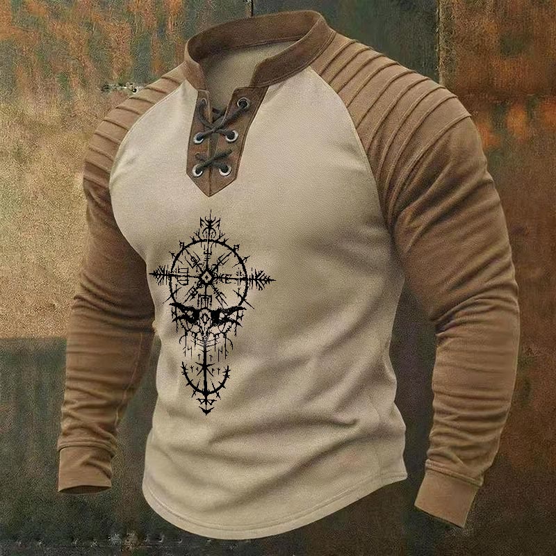 WorldNorse Viking Raven Skull Vegvisir Bramble Lace-up Henley Shirt - Beige - US/UK/AU50, EU60 (5XL) - image 2