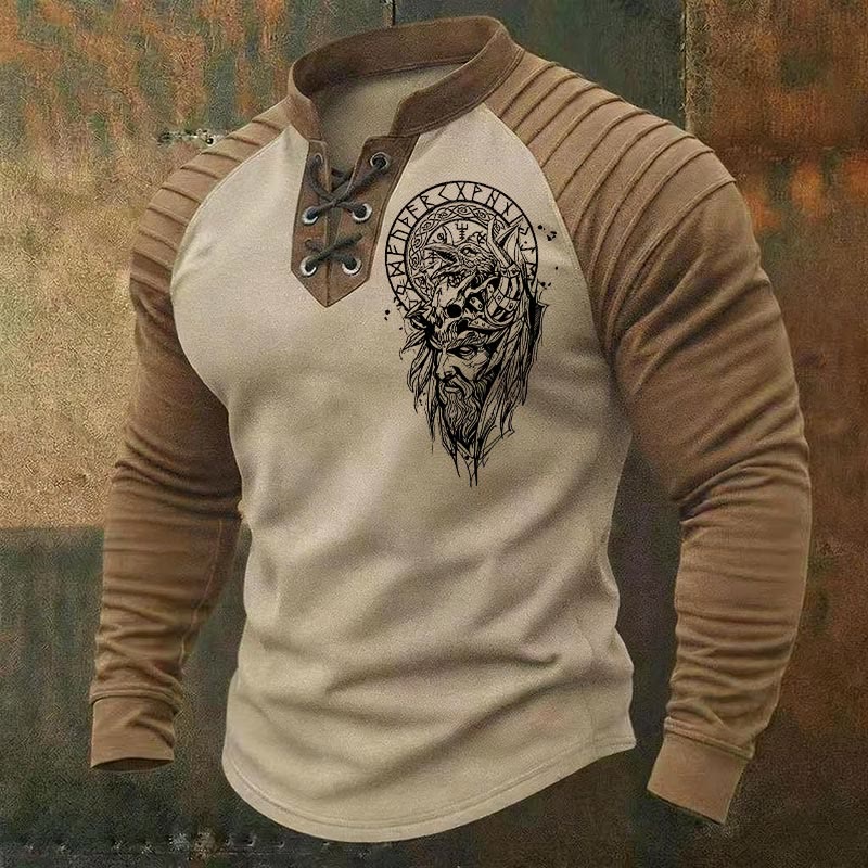 WorldNorse Viking Odin Warrior Raven Skull Runic Pattern Lace-up Henley Shirt - Beige - US/UK/AU50, EU60 (5XL) - image 0