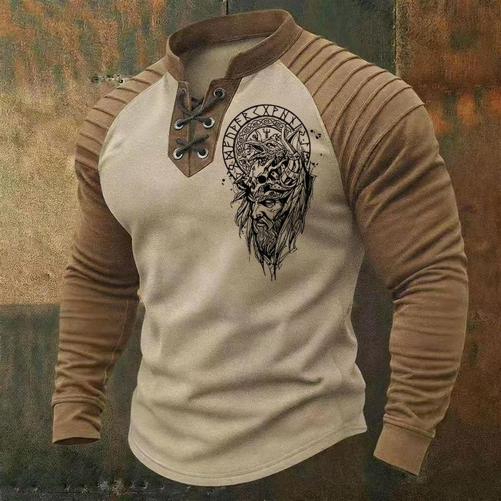 WorldNorse Viking Odin Warrior Raven Skull Runic Pattern Lace-up Henley Shirt - Beige - US/UK/AU50, EU60 (5XL) - image 0