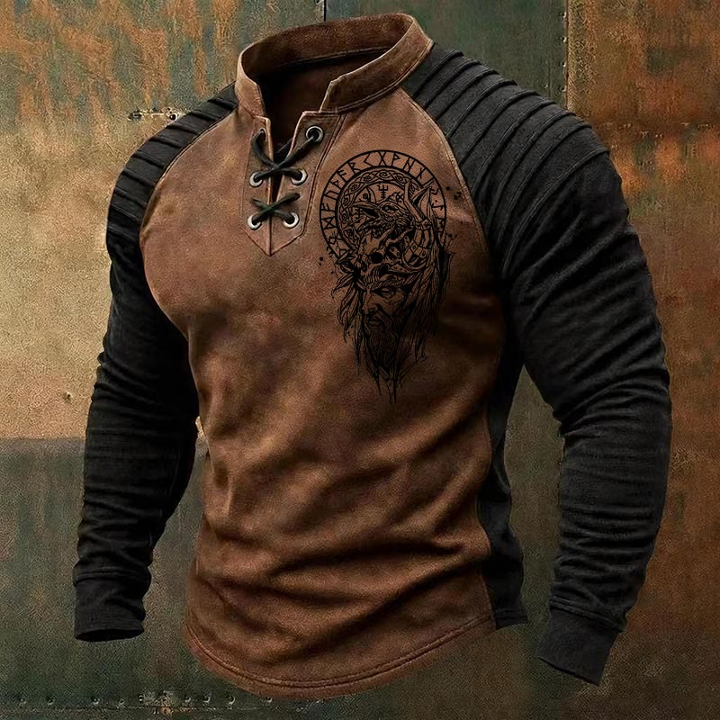 WorldNorse Viking Odin Warrior Raven Skull Runic Pattern Lace-up Henley Shirt - Braun - US/UK/AU50, EU60 (5XL) - image 2