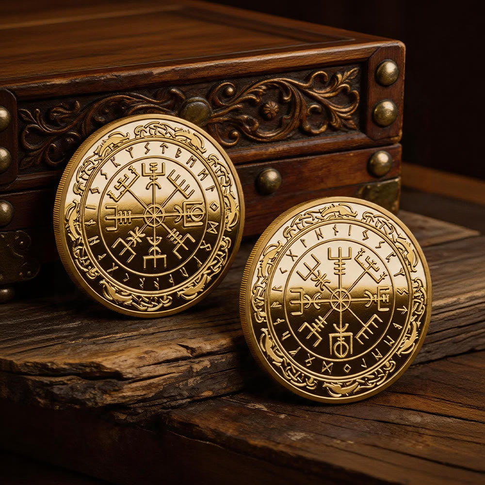 WorldNorse Doppelseitige Wikinger-Glücksmünze - Vegvisir # Gold - image 0