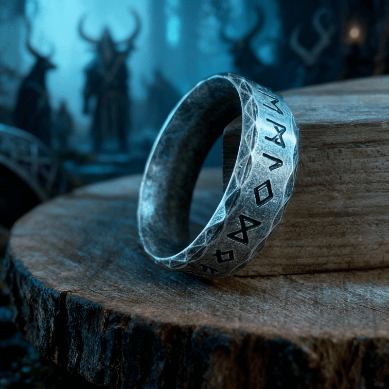 WorldNorse Gehämmerter Futhark-Runen-Wikinger-Amulettring - Retro Silber - 70mm - image 1
