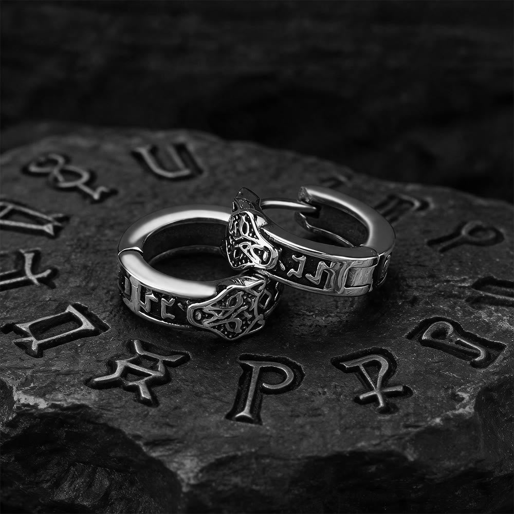 WorldNorse Viking Wolf Head Rune Hoop Earrings - Ohrringe - image 0