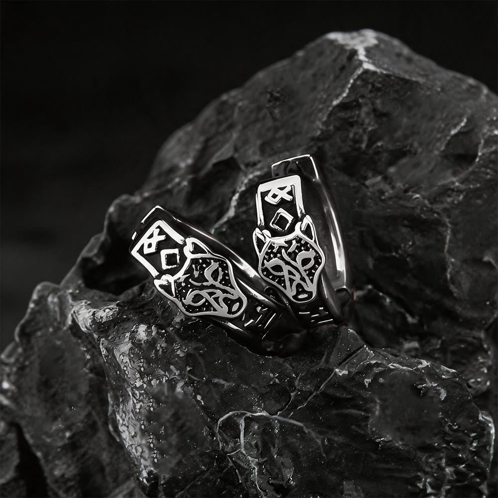 WorldNorse Viking Wolf Head Rune Hoop Earrings - image 4