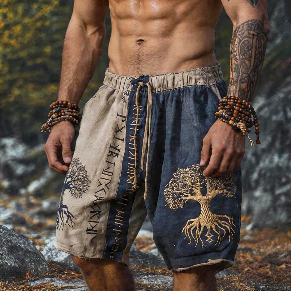 WorldNorse Leinen Shorts mit zweifarbigem Yggdrasil Rune -Print - US/UK/AU50, EU60 (5XL) - image 0