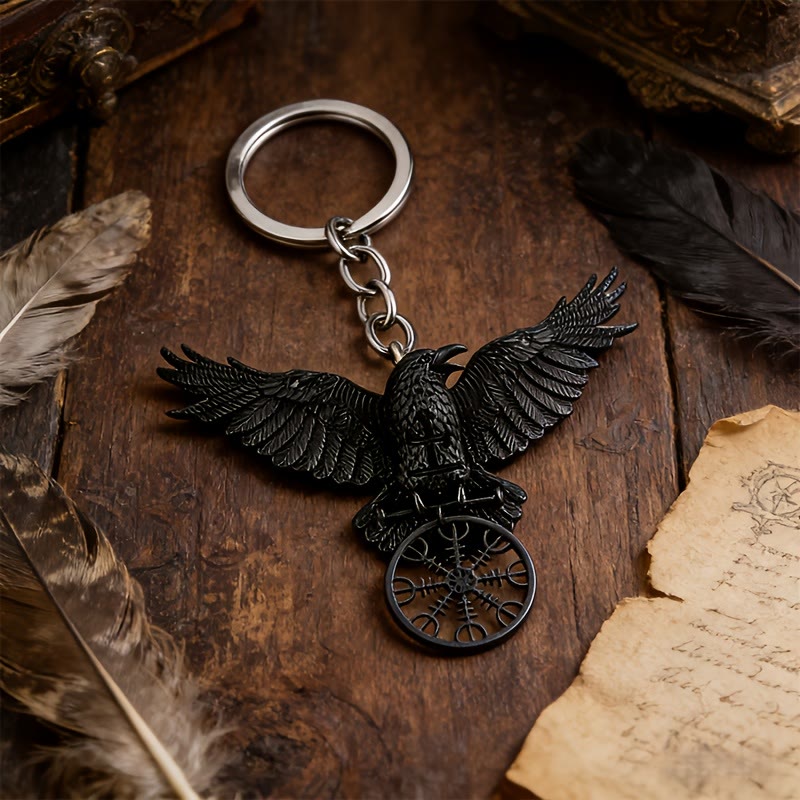 WorldNorse Wikinger Raven Odin Krähe Vegvisir Kompass Anhänger Schlüsselanhänger / Halskette - Schlüsselanhänger #Schwarz - image 0