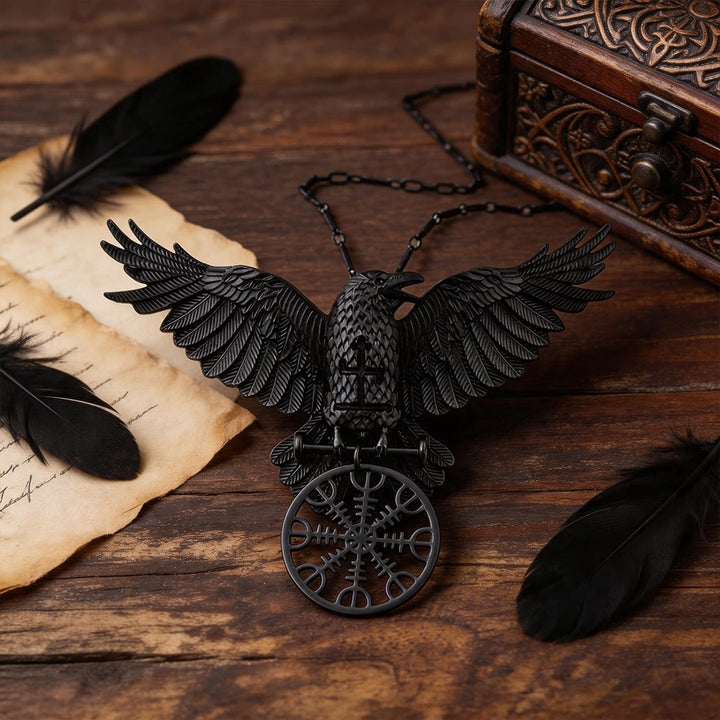 WorldNorse Wikinger Raven Odin Krähe Vegvisir Kompass Anhänger Schlüsselanhänger / Halskette - Halskette #Schwarz - image 4