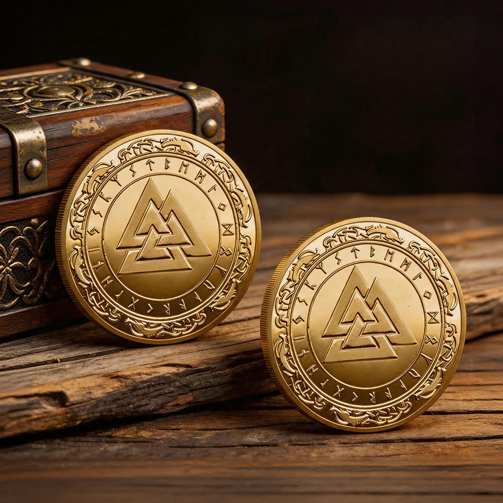 WorldNorse Doppelseitige Gedenkmünze mit Valknut Prägung - Gold - image 0