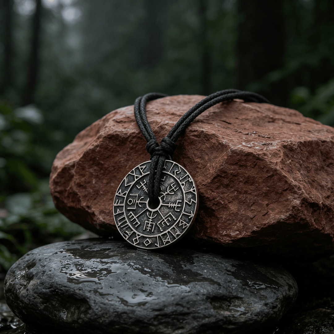 WorldNorse Doppelseitige Rune Vegvisir Kompass-Halskette - Retro Silber - image 0