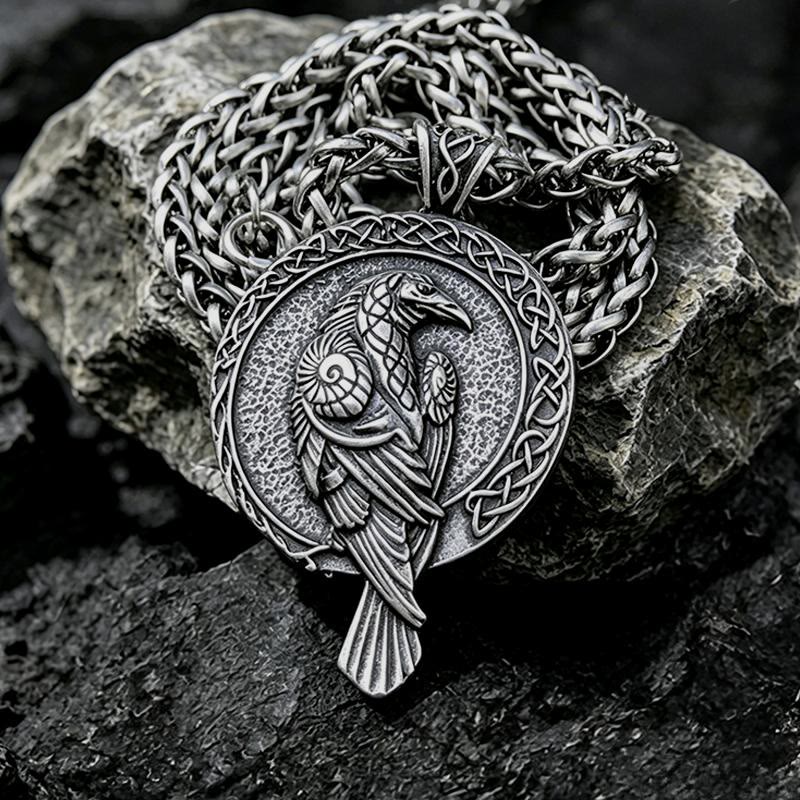WorldNorse Doppelseitige antike Odin Raven Keltischer Knoten - Retro Silber - Weizenkette - image 2