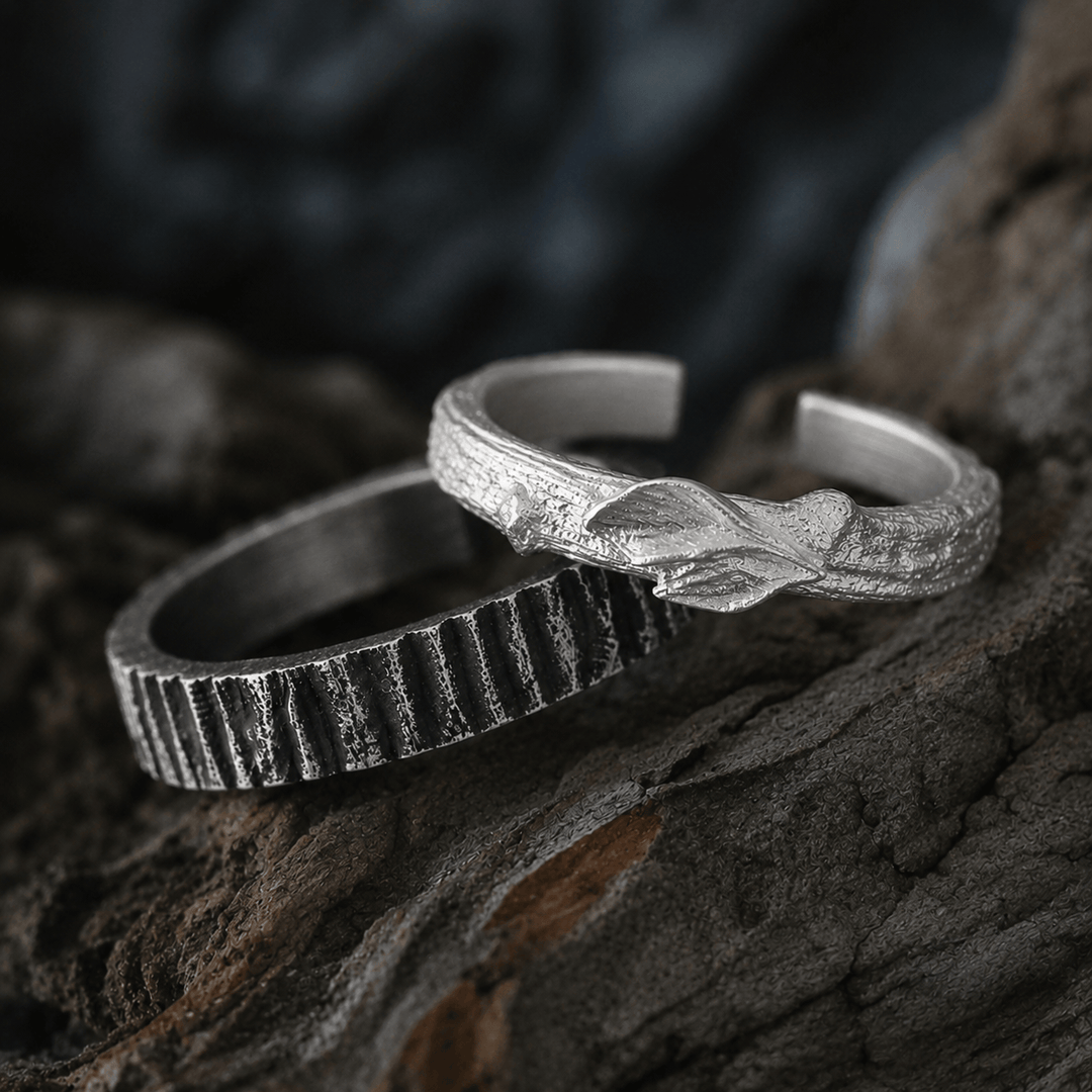WorldNorse Handgefertigter Partnerring aus 999er Silber mit rauer Holzstruktur - Ein Paar - NEIN DANKE - image 6