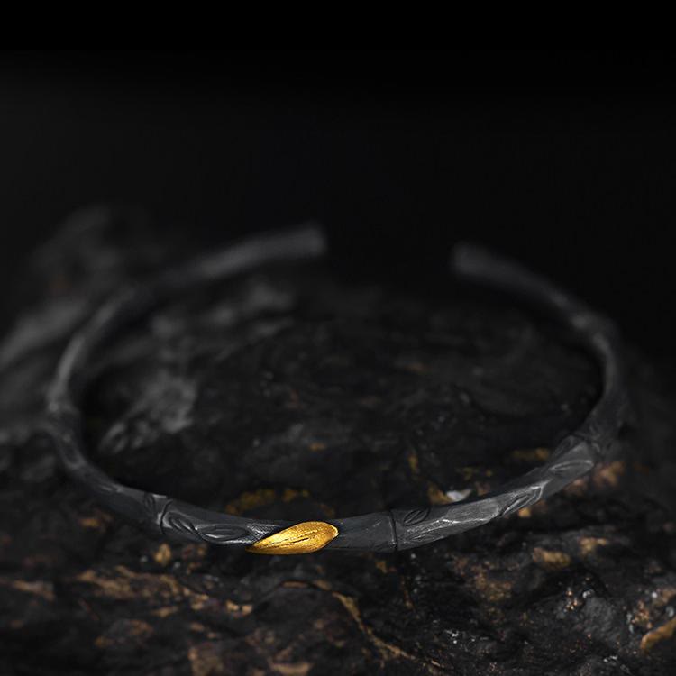 WorldNorse Handgefertigtes offenes Armband aus 999er Silber mit Bambus-Open-Cuff-Design - image 2