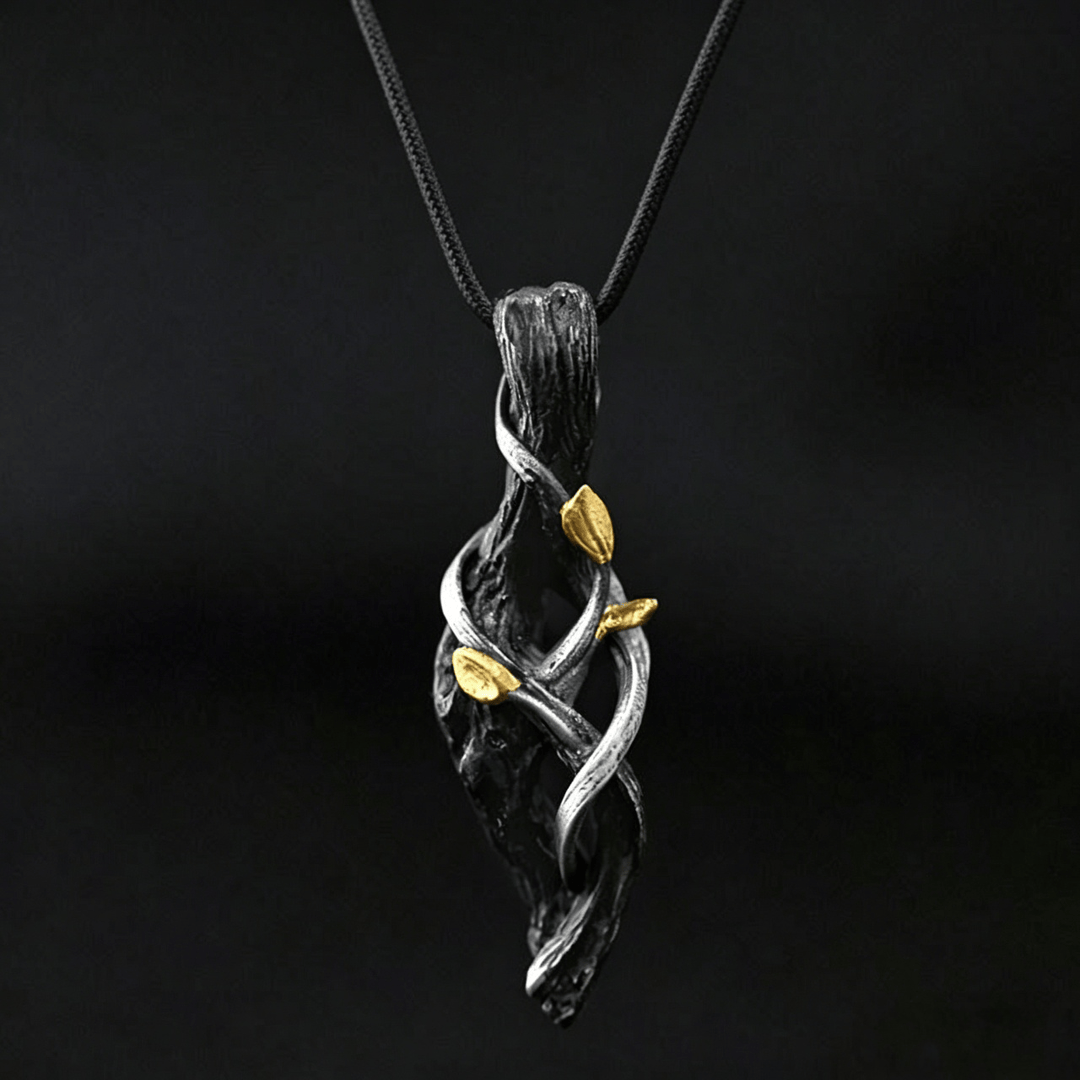 Handgefertigte Halskette aus 999er Silber mit gedrehten Ranken und Blattgold von WorldNorse - Mit 55 cm gewachstem Seil - image 1