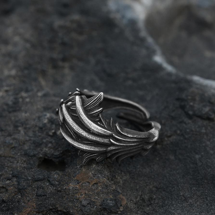 WorldNorse Handgefertigter Ring aus 999er Silber mit geschnitzter Feder und mehreren Lagen - Einstellbar - NEIN DANKE - image 0