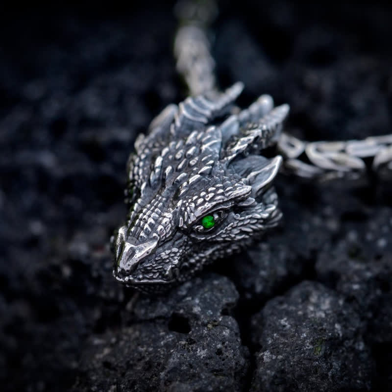 WorldNorse Wikinger-Halskette mit Drachenkopf und grünem Auge für Herren